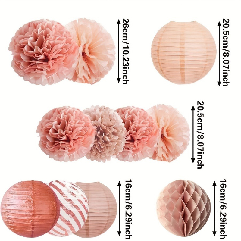 11-Pack Rose Gold Paper Decor Set (8-Inch Lanterns, Pom-Poms & Honeycomb Balls), Party Decor for Birthday, Home & Celebration Setup - Image 4