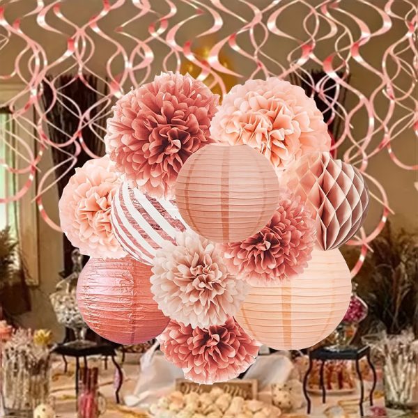 ML251113-11-Pack-Rose-Gold-Paper-Decor-Set-(8-Inch-Lanterns,-Pom-Poms-&-Honeycomb-Balls),-Party-Decor-for-Birthday,-Home-&-Celebration-Setup-usage-scene