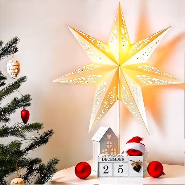 ML251201-Paper-Star-Lantern-with-Fairy-String-Lights-(90LED-18-inches),-Seven-pointed-Lampshades-for-Christmas-Wedding-Party-Decorations-with-Easy-Hang-Strings-on-the-table