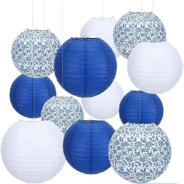 12/15-Pack Chinese New Year Blue and White Porcelain Paper Lantern (8 inches), Hanging Decor for Spring Festival Indoor Traditional Atmosphere Setup
