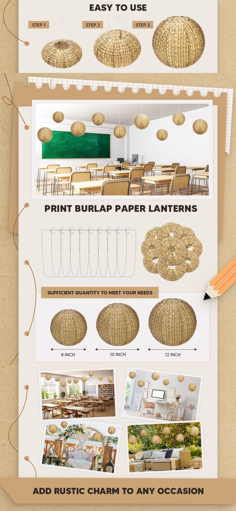 ML251223-9-Pack-Burlap-Like-Paper-Lantern-(8-10-12-inches),--Hanging-Decor-for-Kids'-Birthday-&-Wedding-Party-Indoor-Setup-detailed image4