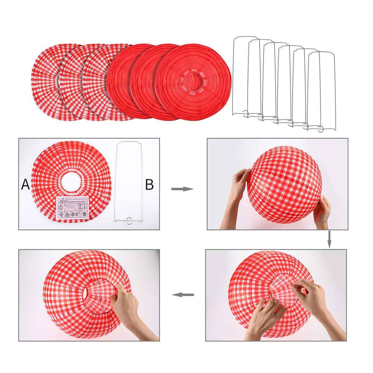 ML251228-6-Pack-Red-Gingham-Paper-Lantern-(12-inches),-Hanging-Decor-for-Picnic,-BBQ-&-Summer-Holiday-Party-Indoor-Setup-install-way2