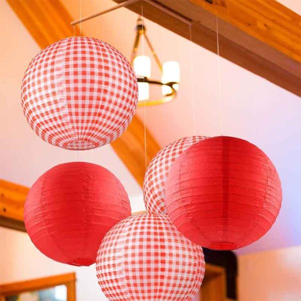 6-Pack Red Gingham Paper Lantern (12 inches), Hanging Decor for Picnic, BBQ & Summer Holiday Party Indoor Setup