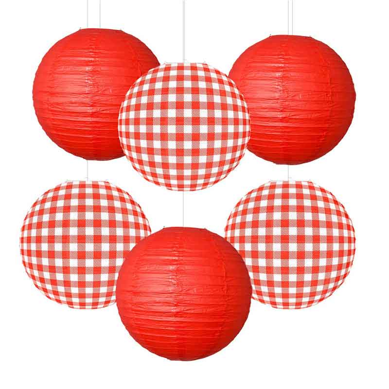 6-Pack Red Gingham Paper Lantern (12 inches), Hanging Decor for Picnic, BBQ & Summer Holiday Party Indoor Setup - Image 5