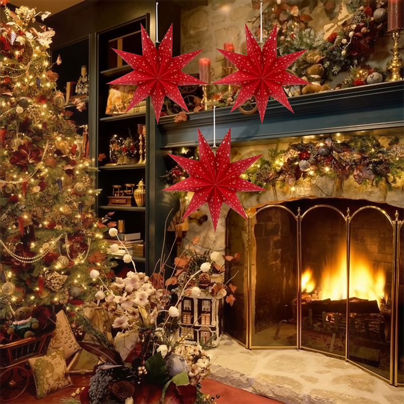 3-Pack Red Paper Star Lantern (13.78 inches), Hanging Decor for Christmas, New Year, Wedding & Party Indoor/Outdoor Setup - Image 2