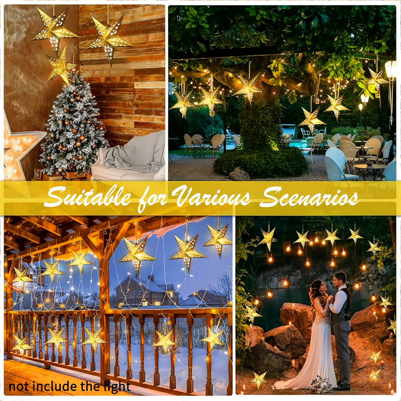 12-Pack 3D Gold Paper Star Lantern (11.81 inches), Vintage Hanging Decor for Christmas, New Year, Wedding & Home Party Setup - Image 3