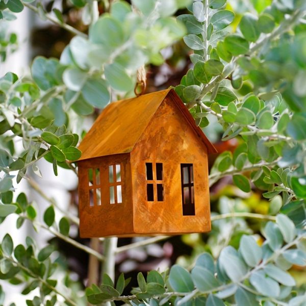 ML251239 1-Pack Rustic House-Shaped Metal Lantern (4.3x4.3x5.9in, Antique Finish) - Weathered Outdoor:Indoor Hanging Decor for Patio, Birdhouse & Fall:Seasonal Decorations back view