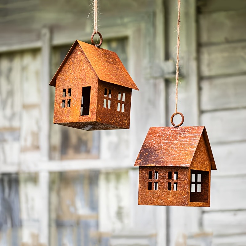 ML251239 1-Pack Rustic House-Shaped Metal Lantern (4.3x4.3x5.9in, Antique Finish) - Weathered Outdoor:Indoor Hanging Decor for Patio, Birdhouse & Fall:Seasonal Decorations front view
