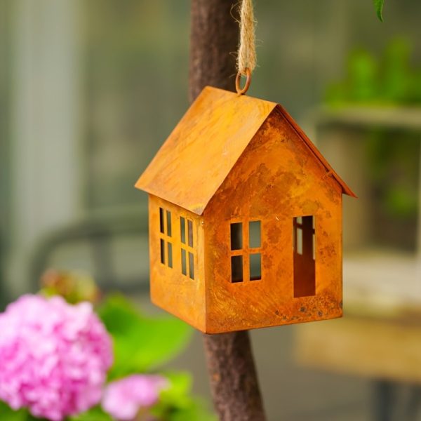 ML251239 1-Pack Rustic House-Shaped Metal Lantern (4.3x4.3x5.9in, Antique Finish) - Weathered Outdoor:Indoor Hanging Decor for Patio, Birdhouse & Fall:Seasonal Decorations left front view