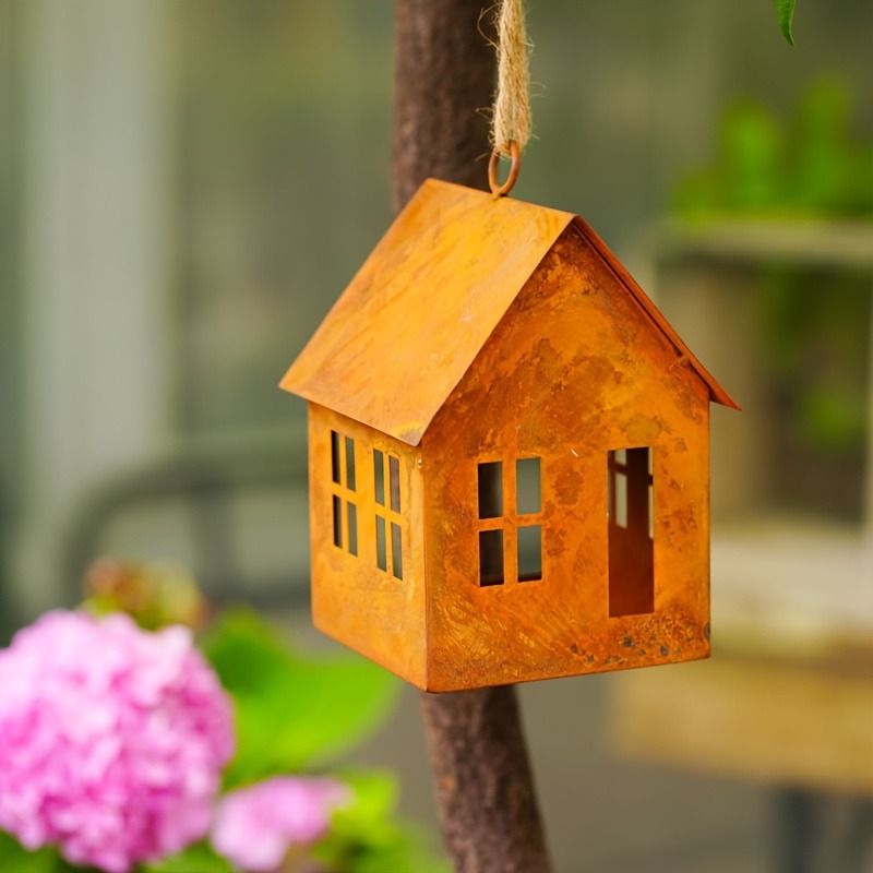 ML251239 1-Pack Rustic House-Shaped Metal Lantern (4.3x4.3x5.9in, Antique Finish) - Weathered Outdoor:Indoor Hanging Decor for Patio, Birdhouse & Fall:Seasonal Decorations left front view