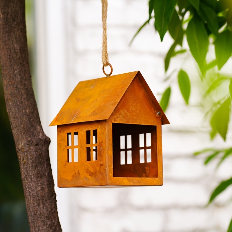 1-Pack Rustic House-Shaped Metal Lantern (4.3x4.3x5.9in, Antique Finish) - Weathered Outdoor/Indoor Hanging Decor for Patio, Birdhouse & Fall/Seasonal Decorations - Image 4