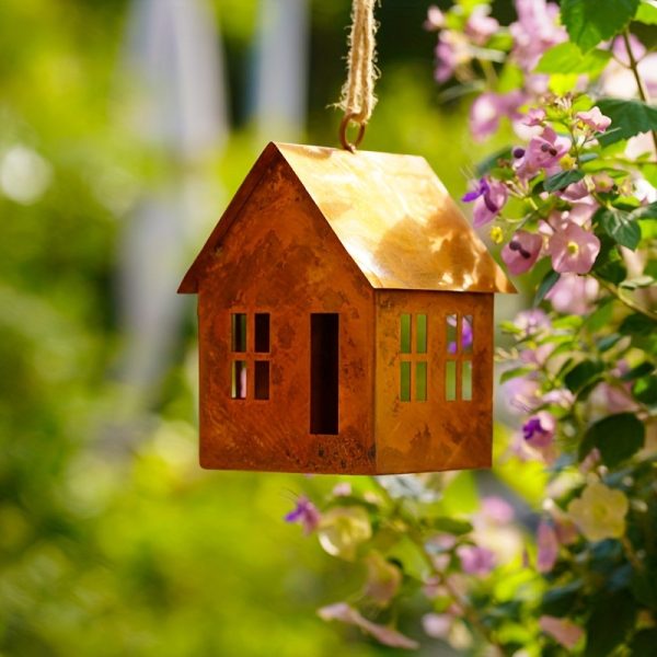 ML251239 1-Pack Rustic House-Shaped Metal Lantern (4.3x4.3x5.9in, Antique Finish) - Weathered Outdoor:Indoor Hanging Decor for Patio, Birdhouse & Fall:Seasonal Decorations right side view