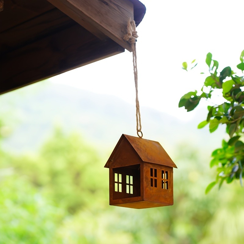 ML251239 1-Pack Rustic House-Shaped Metal Lantern (4.3x4.3x5.9in, Antique Finish) - Weathered Outdoor:Indoor Hanging Decor for Patio, Birdhouse & Fall:Seasonal Decorations side view