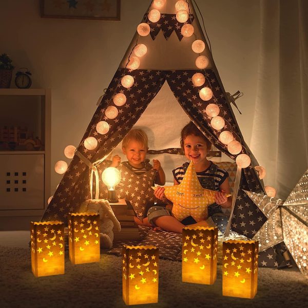ML251241 30-Pack Star & Moon Paper Pattern Candle Bags (5.9x10.2x3.5in) - Flame-Retardant, Reusable Decor for Weddings, Valentine’s & Indoor:Outdoor Events usage scene4