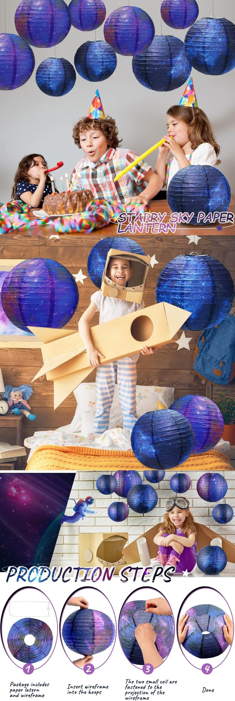 ML251244 8-Pack Space Galaxy Paper Lanterns (8 & 12 Inches) - Starry-Themed Hanging Decor for Kids’ Birthday, Space Party & Indoor:Outdoor Room Setup detaile view