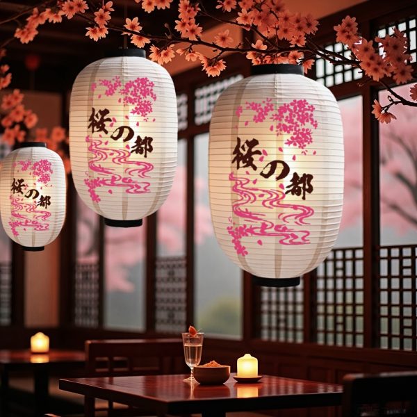 ML251245 2-Pack Japanese Cherry Blossom Paper Lanterns (8:10:12:14 Inches Optional) - Traditional Style Hanging Decor for Restaurants, Cafes, Indoor Shops & Festival Decoration right side view