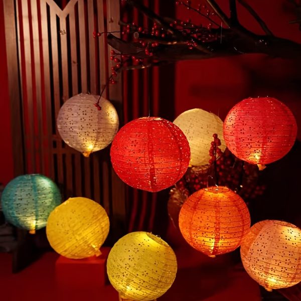 ML251246 8-Pack Hollowed-Out Asian Japanese Paper Lanterns（8-Inch） - Colorful Festive Hanging Decor for Lunar New Year, Indoor:Outdoor Parties & Home Decor usage scene