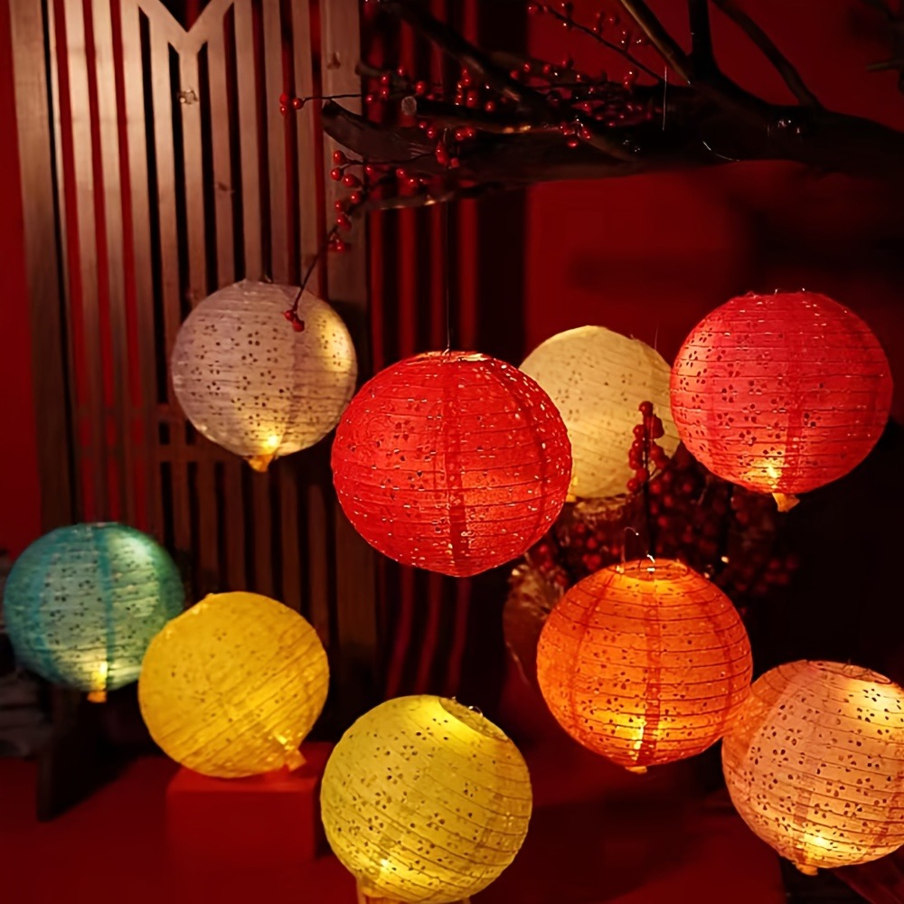 ML251246 8-Pack Hollowed-Out Asian Japanese Paper Lanterns（8-Inch） - Colorful Festive Hanging Decor for Lunar New Year, Indoor:Outdoor Parties & Home Decor usage scene