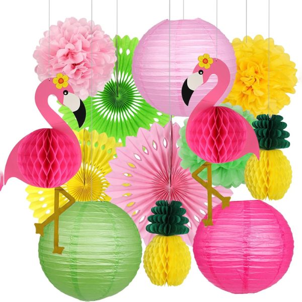 ML251250-13-Pack-Flamingo-&-Pineapple-Party-Decor-DIY-Kit-(10-Inches-&-12-Inches-Sizes),-Tropical-Themed-Paper-Lanterns-Honeycomb-Balls-Pom-Poms,-Vibrant-Decor-for-Birthday-Luau-&-Bachelorette-Party-Setup-sku