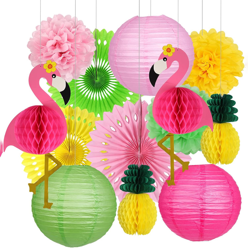 ML251250-13-Pack-Flamingo-&-Pineapple-Party-Decor-DIY-Kit-(10-Inches-&-12-Inches-Sizes),-Tropical-Themed-Paper-Lanterns-Honeycomb-Balls-Pom-Poms,-Vibrant-Decor-for-Birthday-Luau-&-Bachelorette-Party-Setup-sku