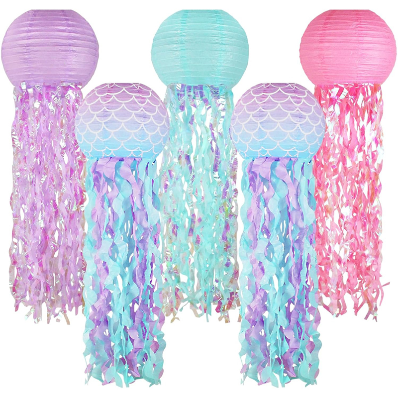 5-Pack Mermaid Scales Jellyfish Paper Lanterns (10-Inch Size), Handmade Themed Decor, Vibrant Hanging Decor for Under The Sea/Baby Shower/Birthday Party Setup