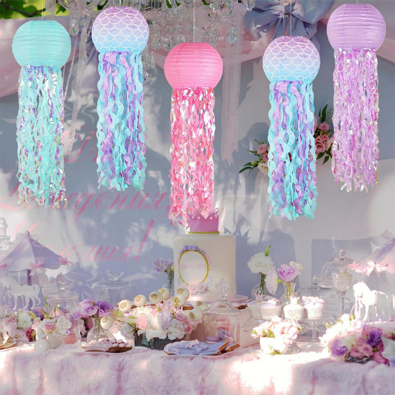 5-Pack Mermaid Scales Jellyfish Paper Lanterns (10-Inch Size), Handmade Themed Decor, Vibrant Hanging Decor for Under The Sea/Baby Shower/Birthday Party Setup - Image 4