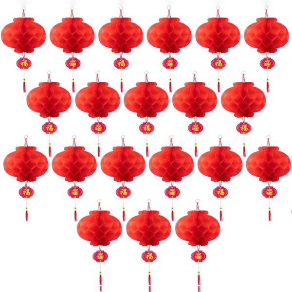 20-Pack Chinese Red Paper Lanterns 10-Inch Easy-Assemble Lucky Symbol Decor for New Year /Spring Festival /Wedding /Restaurant Indoor-Outdoor Festive Setup