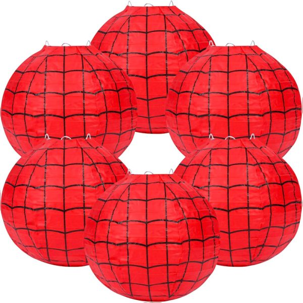 ML251257-6-Pack-Spider-Web-Themed-Paper-Lanterns-DIY-Kit-(8-Inch,-Red-Grid-Pattern-Design),-Festive-Hanging-Decor-for-Indoor-Outdoor-Kids-Birthday-&-Party-Event-Setup-sku