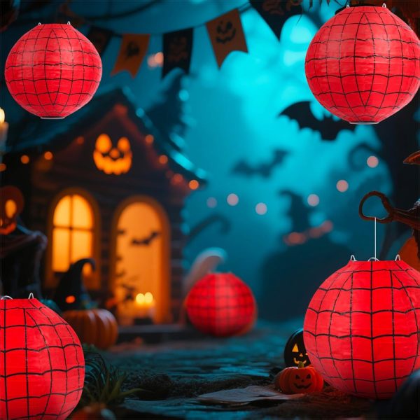 ML251257-6-Pack-Spider-Web-Themed-Paper-Lanterns-DIY-Kit-(8-Inch,-Red-Grid-Pattern-Design),-Festive-Hanging-Decor-for-Indoor-Outdoor-Kids-Birthday-&-Party-Event-Setup-usage-scene