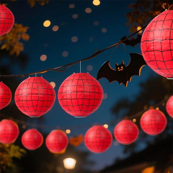ML251257-6-Pack-Spider-Web-Themed-Paper-Lanterns-DIY-Kit-(8-Inch,-Red-Grid-Pattern-Design),-Festive-Hanging-Decor-for-Indoor-Outdoor-Kids-Birthday-&-Party-Event-Setup-usage-scene1