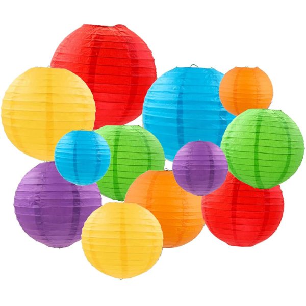 12-Pack Rainbow Paper Lanterns DIY Kit (6/8/10-Inch, Multi-Size Colorful Design), Festive Hanging Decor for Indoor/Outdoor Weddings, Graduation & Fiesta Event Setup