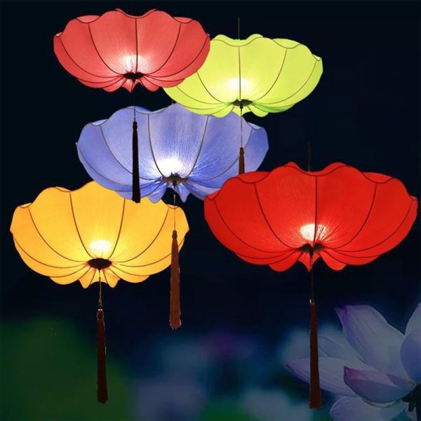 1-Pack Chinese Lotus Fabric Hanging Lantern, Oriental Handcrafted Design, Waterproof Outdoor Decorative Glowing Lamp for Patio, Garden & Cultural Events
