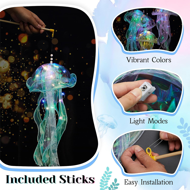 3-Pack Iridescent Jellyfish Hanging Lamp Kit Laser-Effect LED Lanterns for Under Sea Themed Party, Mermaid Wedding, Birthday & Bedroom Decor - Image 4