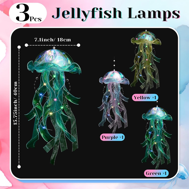 3-Pack Iridescent Jellyfish Hanging Lamp Kit Laser-Effect LED Lanterns for Under Sea Themed Party, Mermaid Wedding, Birthday & Bedroom Decor - Image 3